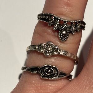 Set of Three Silver-Tone pinky rings floral designs